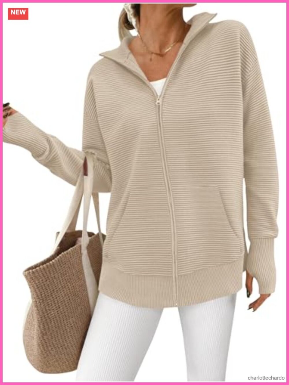 Women's Zip Up Ribbed Cardigan Sweater with Thumb Holes & Kangaroo Pocket